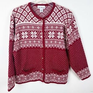 Vintage Fair Isle Cardigan XL Red White Holiday Ski Snowflake Granny Nordic